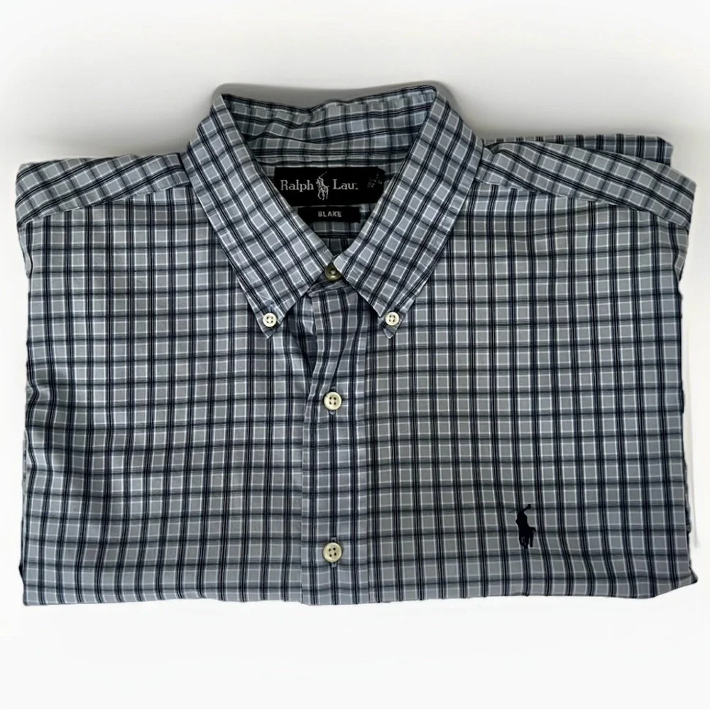 $15 SALE Ralph Lauren Blake Cotton Designer‎ Shirt Men XL Blue Check Long Sleeve